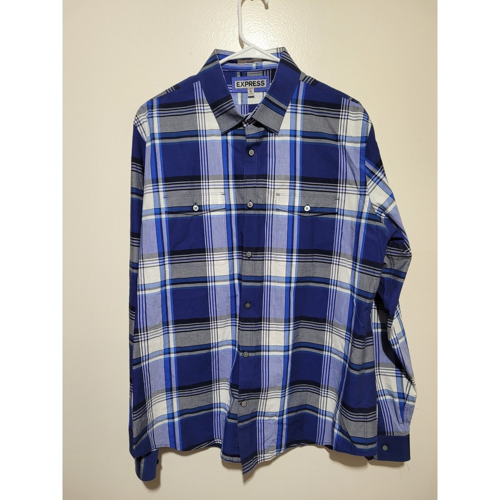 Express Plaid Button Down Mens XL Blue White Fitted Long Sleeve Pocket Shirt
